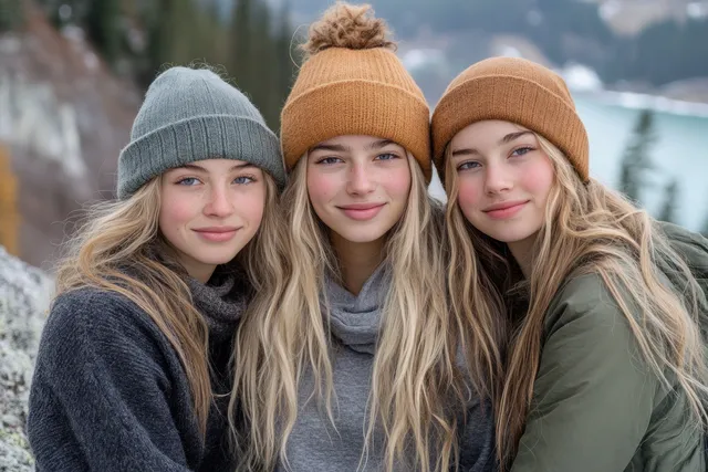 Three friends in winter beanies and scarves pose outdoors with a mountain lake view in the background.