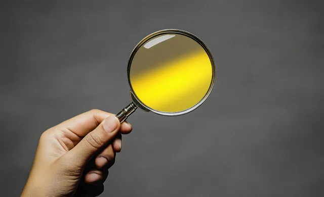 Hand holds a magnifying glass that casts a glowing yellow beam onto a grey abstract background.
