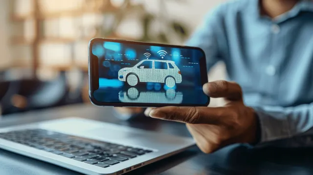 A man holds a smartphone showing a car icon interface for booking a cab.