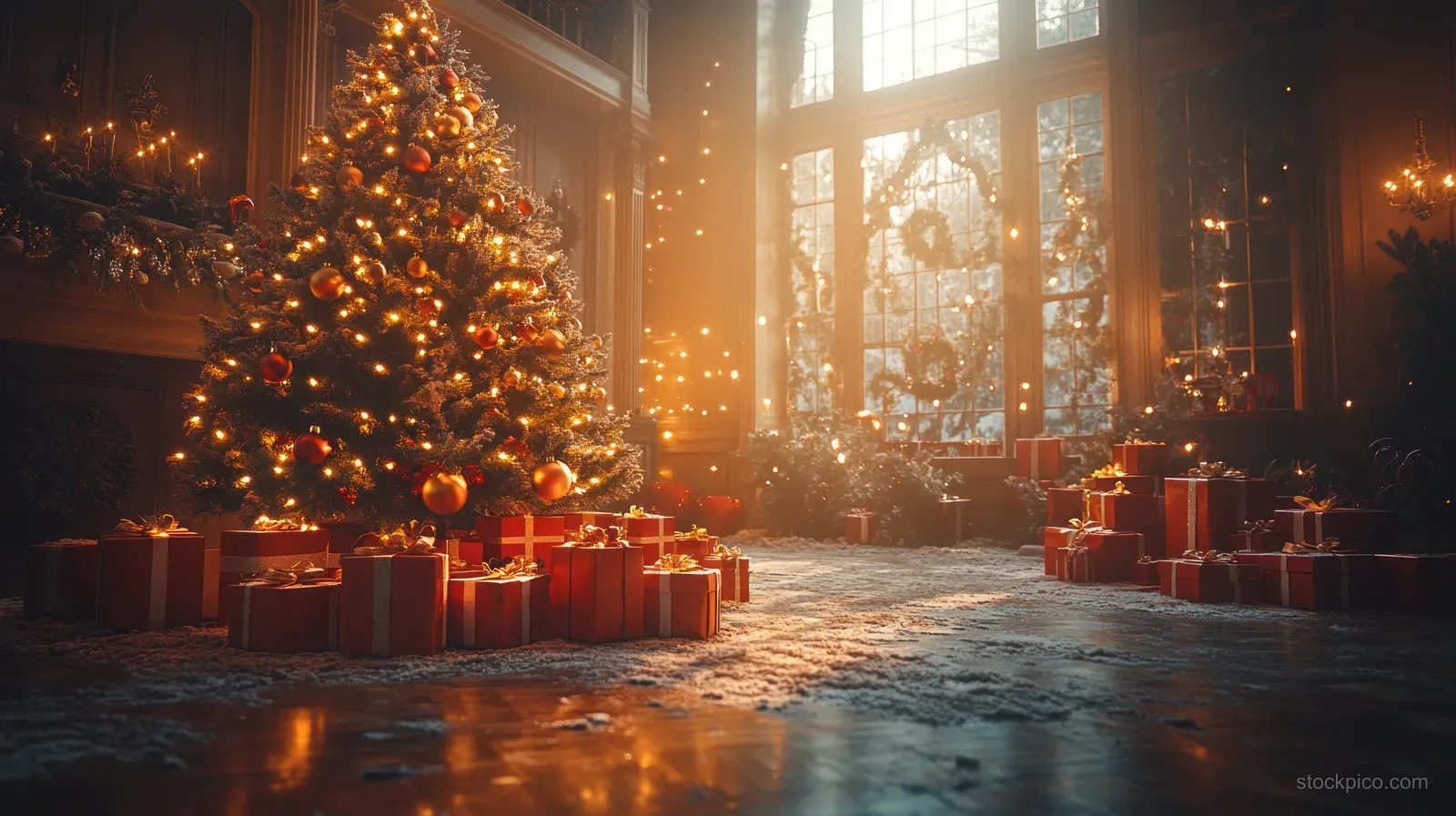 Warm Christmas living room with glowing tree, wrapped presents, and a blank wall frame in the background.