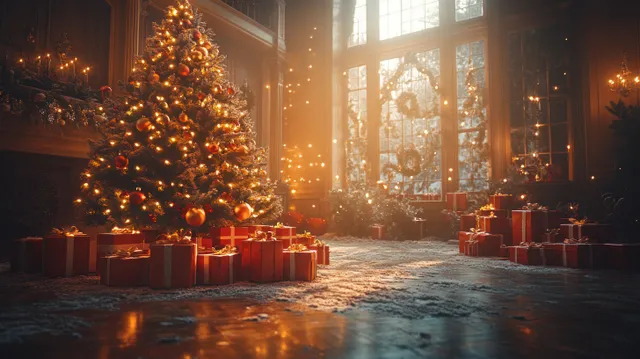 Cozy Christmas living room scene with lit tree, wrapped gifts, and empty wall frame mockup