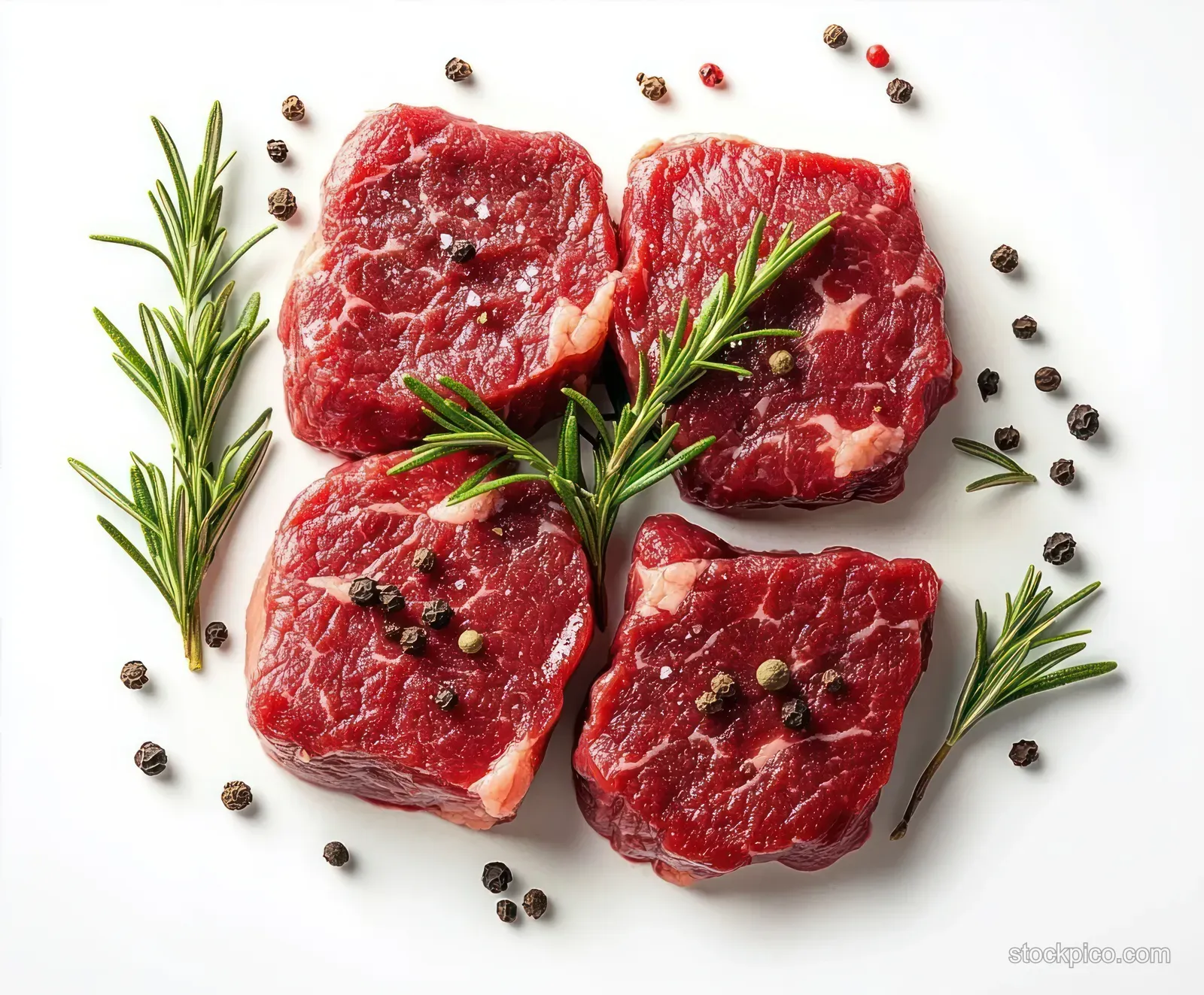 Four raw beef steak pieces arranged with rosemary sprigs and whole peppercorns on a white background.