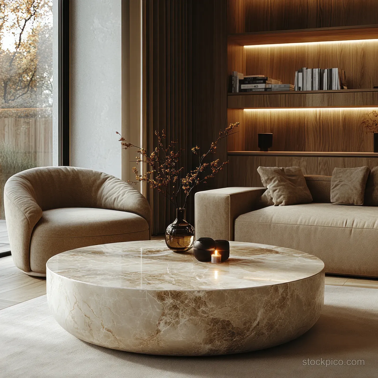 Round marble coffee table centered on a light floor with sofas and warm wood wall lighting behind it.