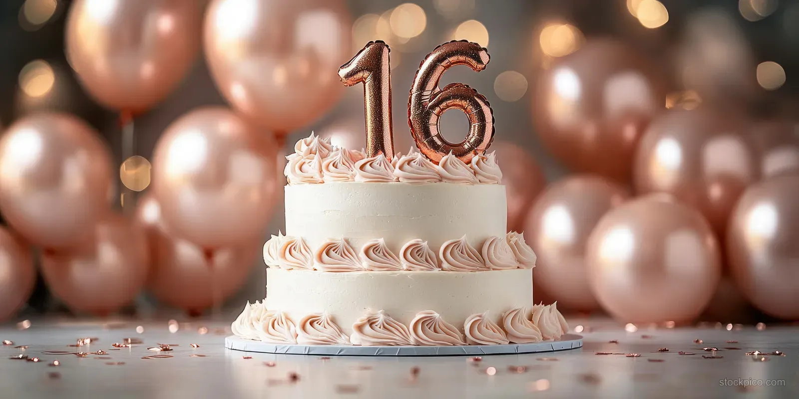 Two-tier white cake with pink swirled frosting, rose gold number 16 candles, and rose gold balloons with confetti behind.