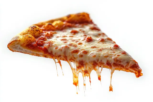 A single cheese pizza slice with a melted cheese pull and golden crust isolated on a white background.