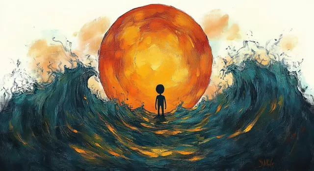 A lone silhouette stands in swirling ocean waves, facing a glowing orange sun in a dramatic textured scene.