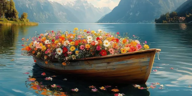 Wooden boat overflowing with colorful flowers floating on clear lake under mountain peaks