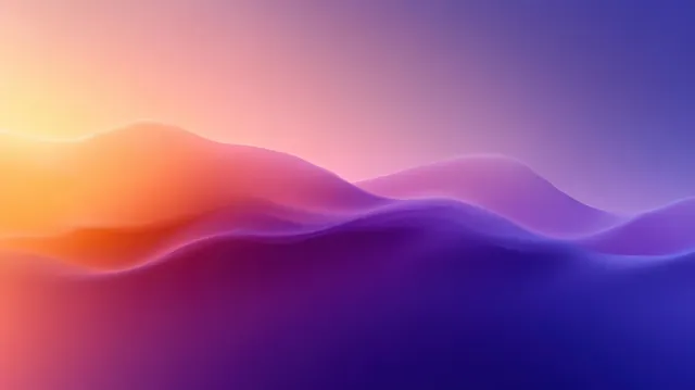 Layered abstract wave shapes blend warm orange and purple hues into a glowing sunset horizon.
