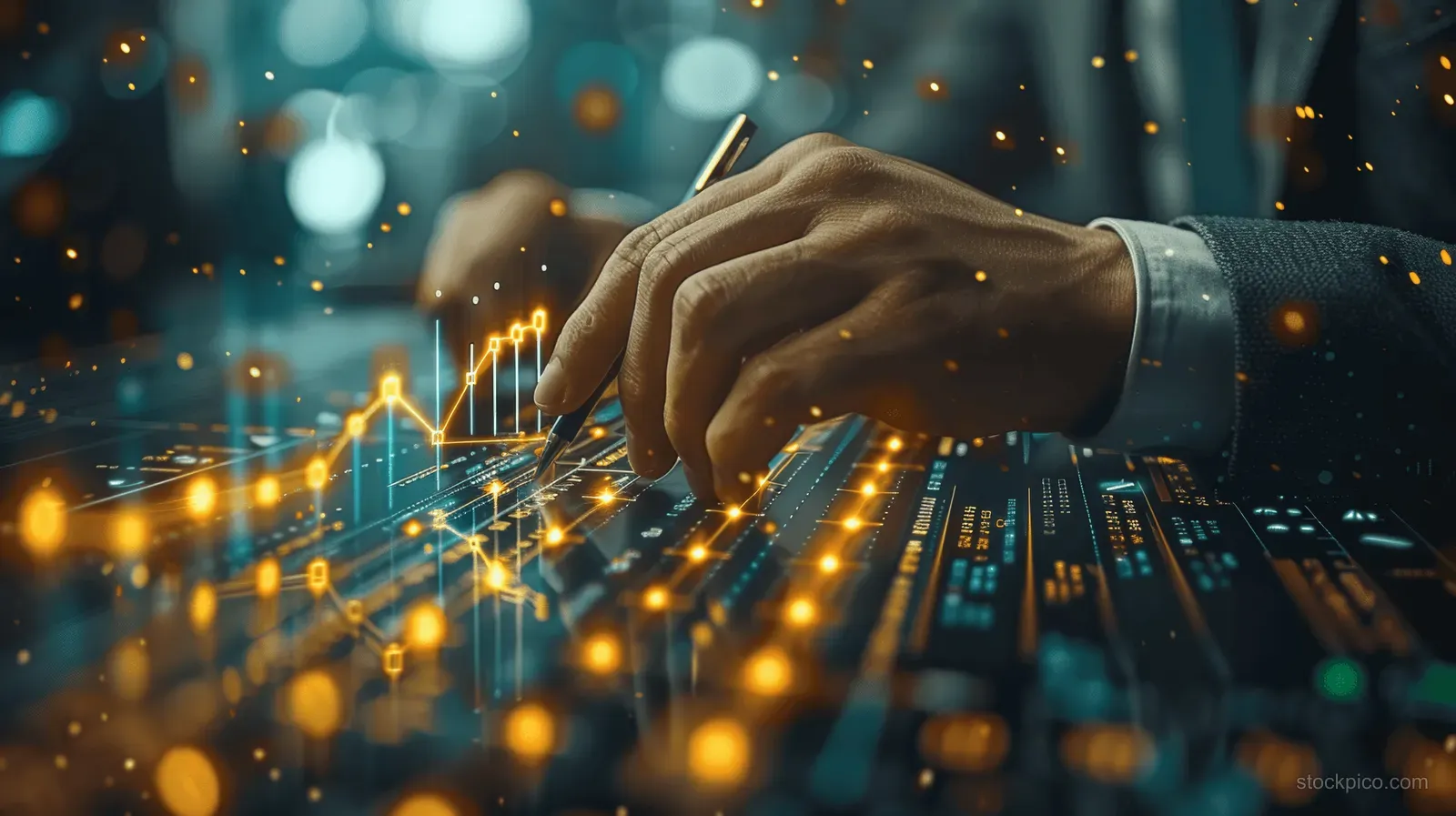 A hand adjusts glowing investment and financial charts on a holographic screen amid warm bokeh lights.