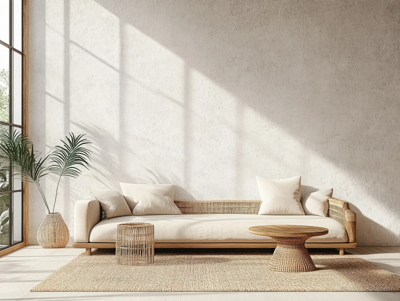 Sunlit minimalist living room with beige sofa, wooden table, jute rug, and neutral decor on a concrete wall.