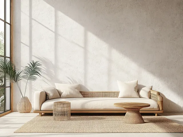 Sunlit minimalist living room with beige sofa, wooden table, jute rug, and neutral decor on a concrete wall.