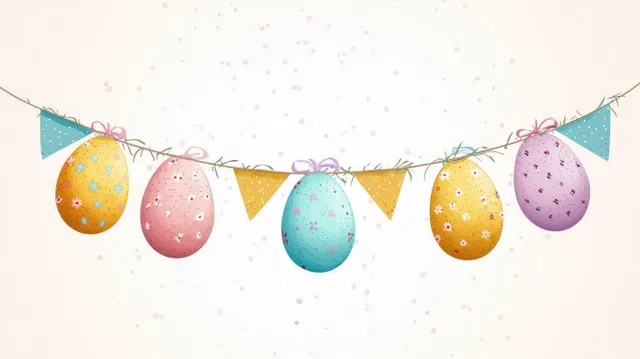 Colorful decorated Easter eggs and triangular pennant flags hang on a garland string against a light pastel background.