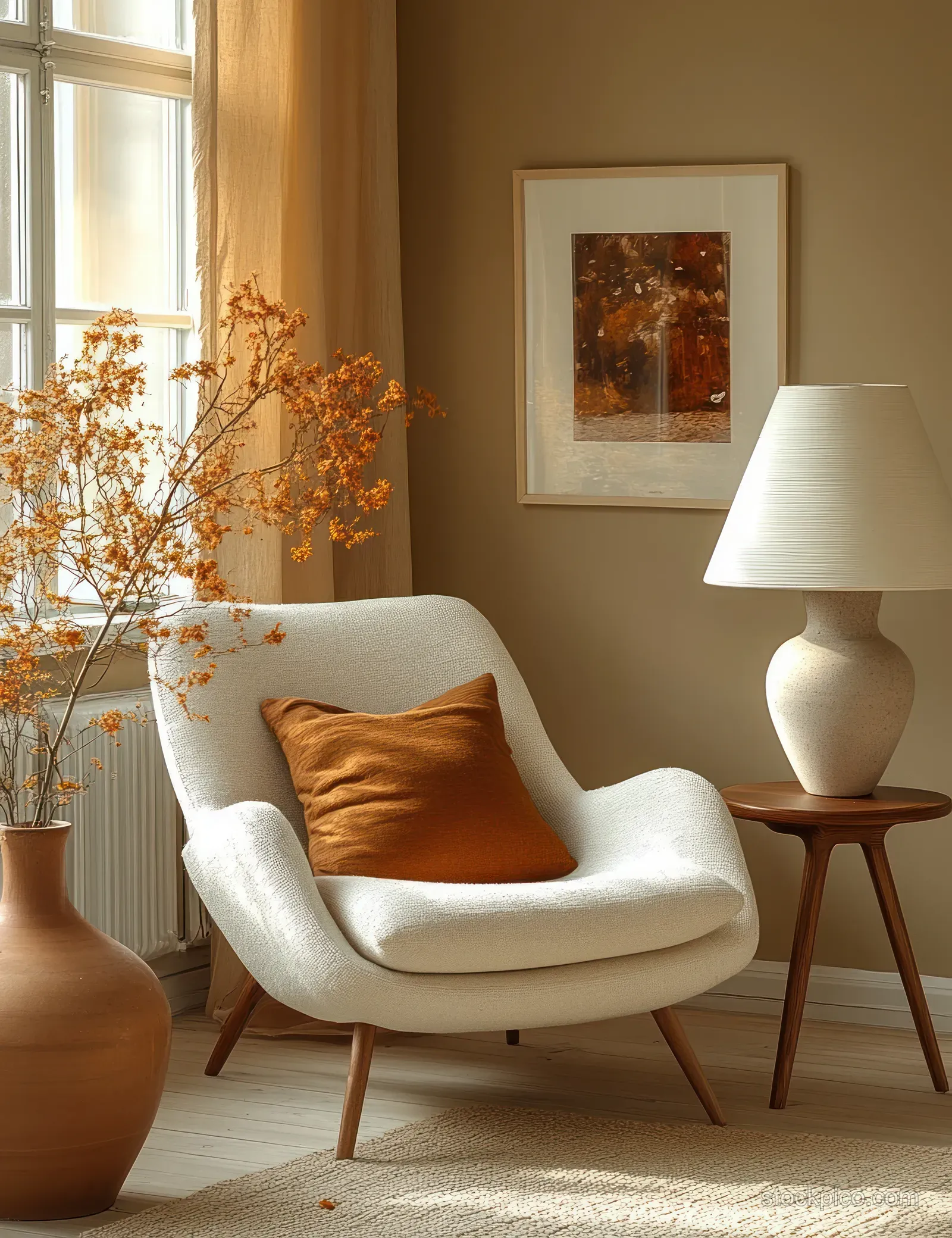 Cream mid century chair beside a warm floor lamp and ceramic vase with dried flowers near a window.