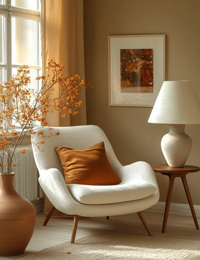 Scandinavian living room corner with mid century chair, floor lamp glow, and ceramic vase