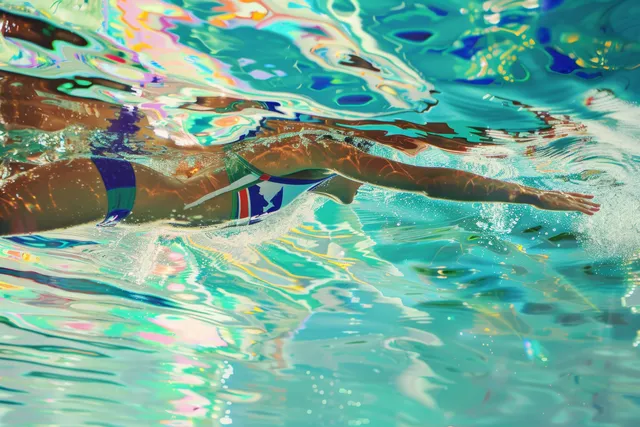 A swimmer executes a breaststroke in clear outdoor water with rippling reflections around colorful lane markers.