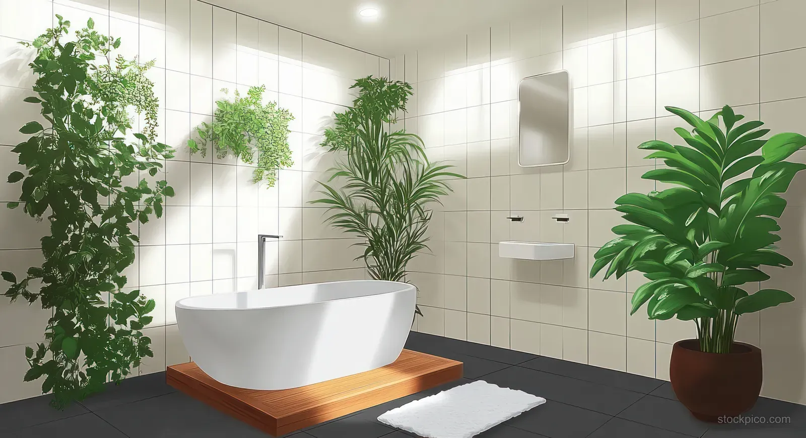 White freestanding bathtub on a wooden platform surrounded by green potted plants in a tiled bathroom.