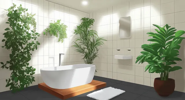 White freestanding bathtub on a wooden platform surrounded by green potted plants in a tiled bathroom.
