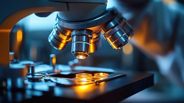 Microscope lenses over a glowing slide in a medical lab with blurred laboratory equipment in the background.