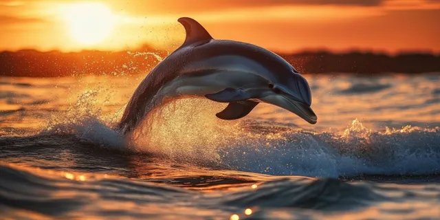 Dolphin leaps above the ocean during sunset, with golden light reflecting on choppy water and splashes.