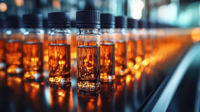 Amber liquid vials stand in a lab rack under dramatic lighting with reflective glass and blurred background.