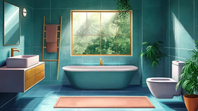 Teal bathroom interior shows a freestanding bathtub, double sink cabinet, and sunlit window with plants.