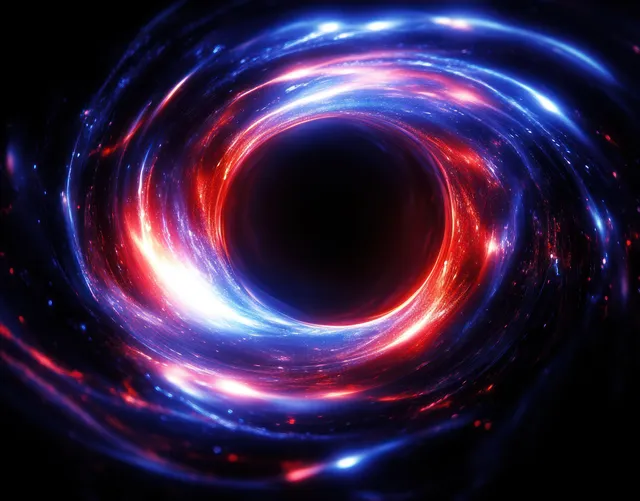 Swirling cosmic vortex with red-blue-white glow orbiting a dark central void in deep space
