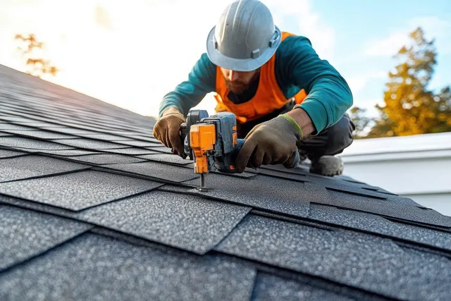 Construction worker fastening black roof shingles with a nail gun on a sunny residential roof