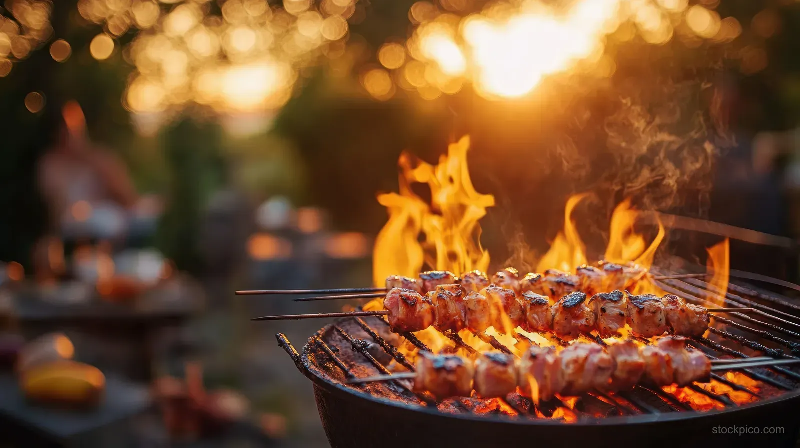 Skewered meat cooks over open flames on a barbecue grill with a blurred outdoor party background in warm sunlight.
