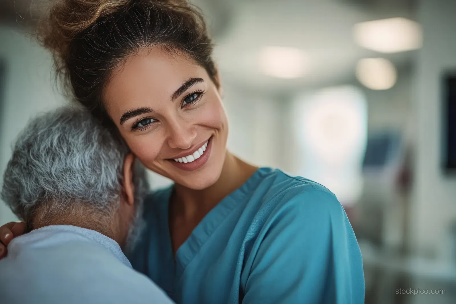 A doctor comforts an anxious patient with an arm around them in a softly lit hospital room.