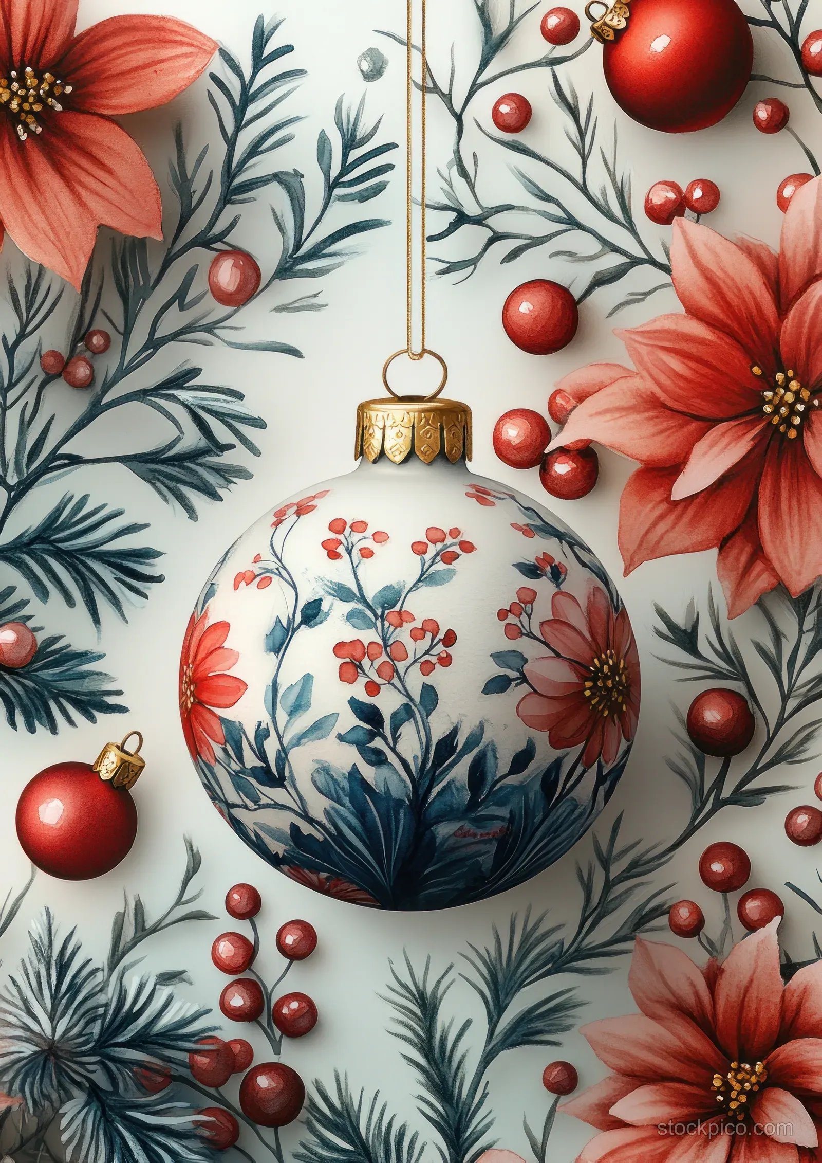 Watercolor Christmas ornament with red poinsettias and pine branch elements on a festive winter pattern background.