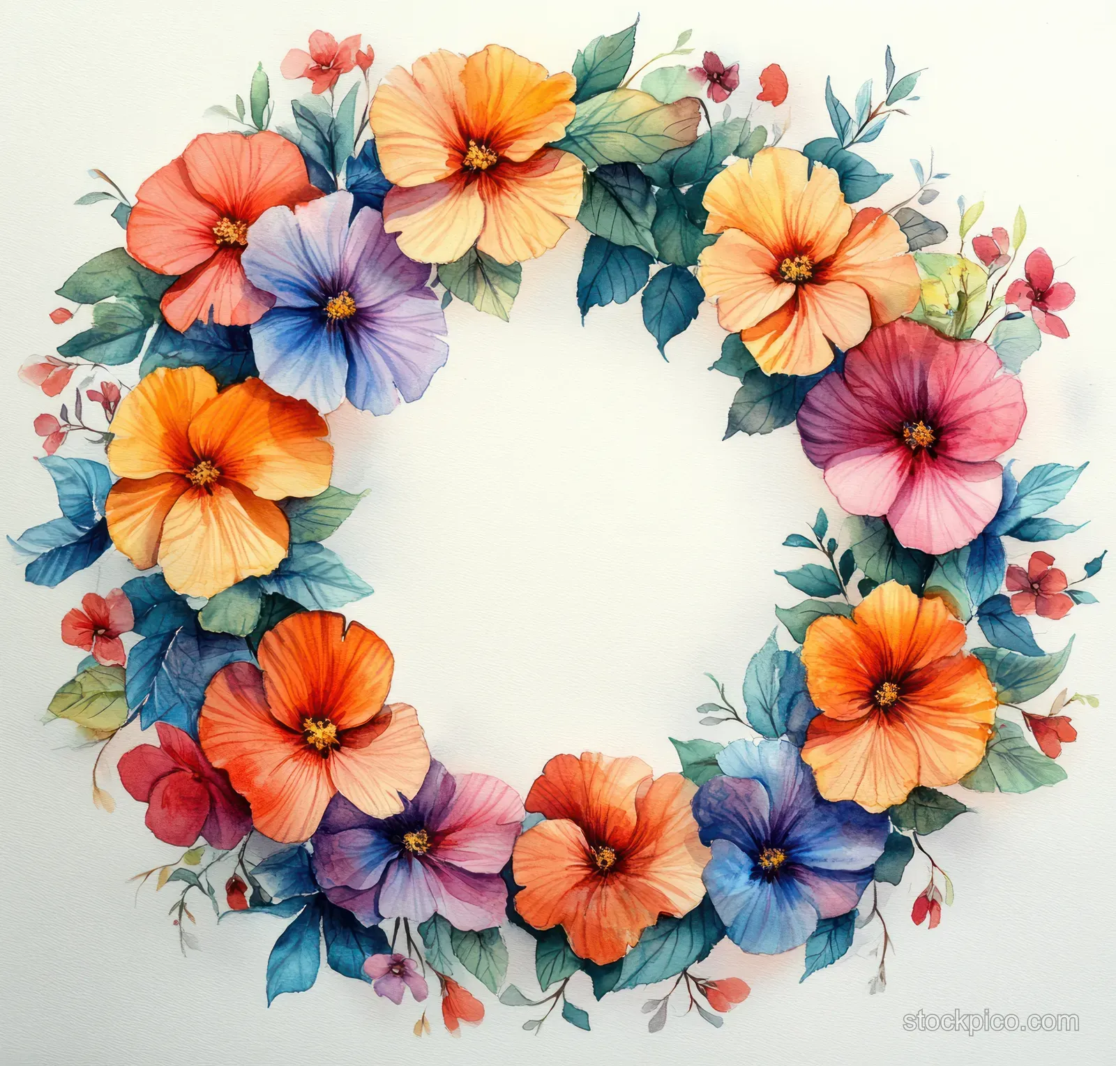 Watercolor circular wreath border of colorful flowers and green leaves framed on a white background with a blank center.
