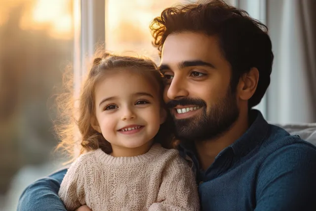 Happy father holds daughter in cozy living room, warm sunset light and close embrace