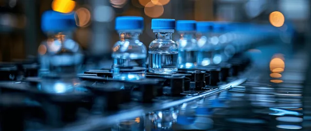 Pharmaceutical glass vials sit on a stainless conveyor beside a machine dispensing sterile liquid.