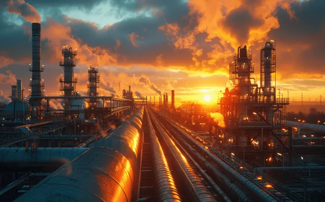 Steel smokestacks and pipeline feed a refinery at sunset with sunrays and heavy smoke