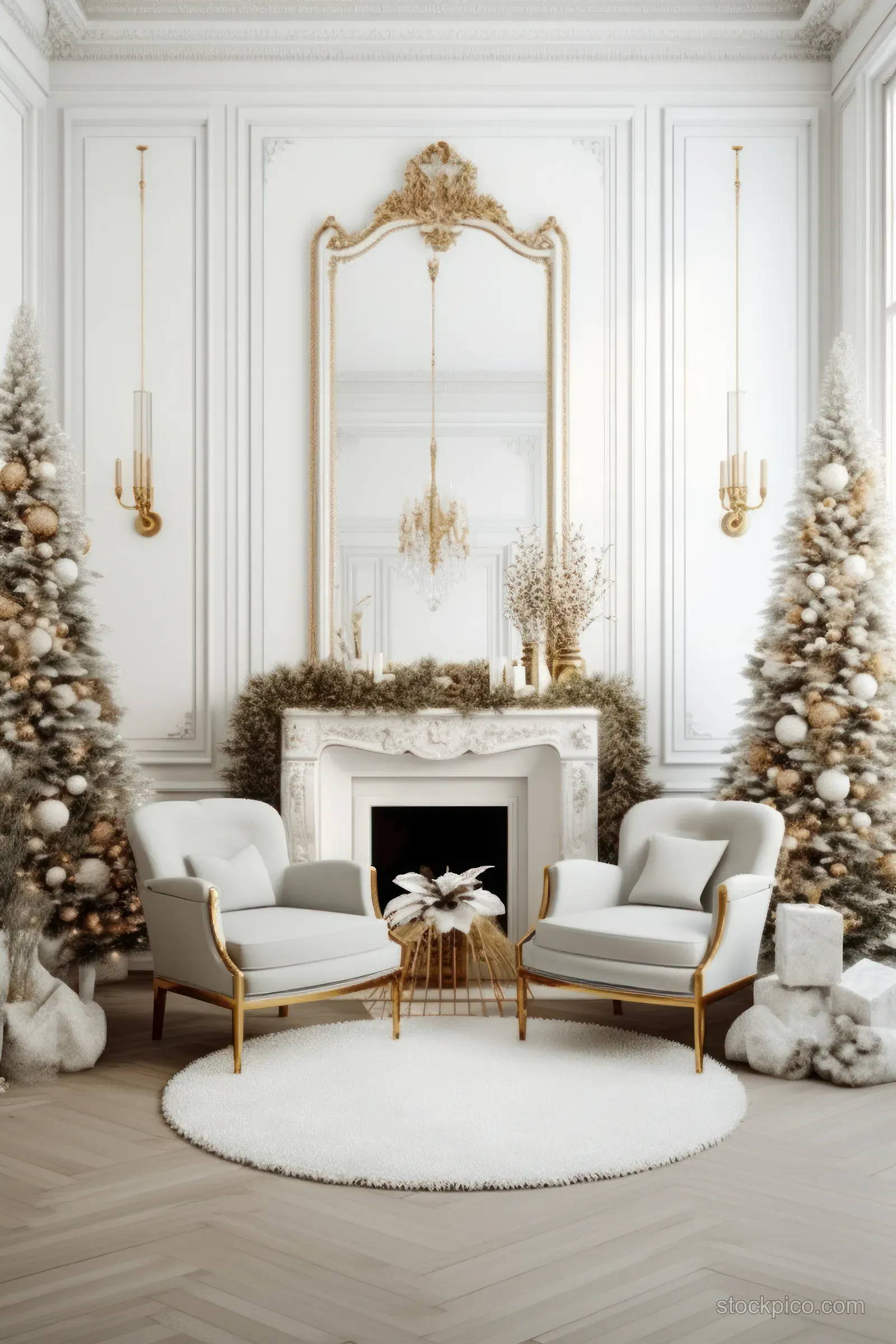 Festive Christmas living room with decorated trees, glowing fireplace, vintage mirror, and candlelit winter decor.