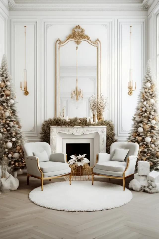 Festive Christmas living room with decorated trees, glowing fireplace, vintage mirror, and candlelit winter decor.