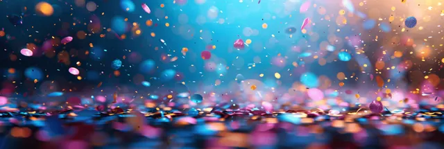 Colorful confetti and ribbon streamers scatter across a festive blurred backdrop