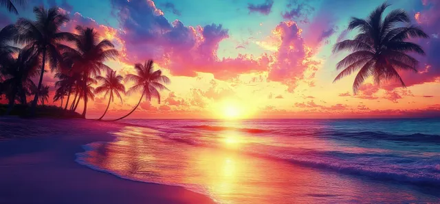 Palm tree silhouettes stand on a tropical beach as the sun glows over calm ocean waters at sunset.