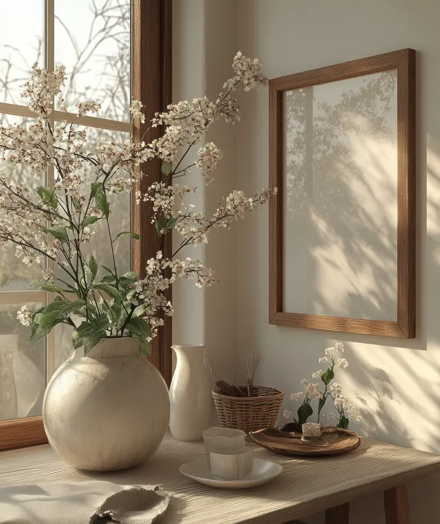 Minimalist wooden picture frame on a white wall with soft sunlight and delicate shadow patterns.