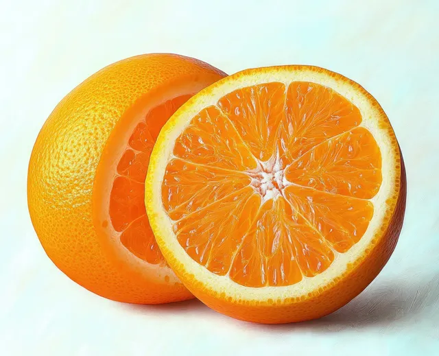 Whole orange beside a sliced half revealing bright juicy segments on a soft light background.