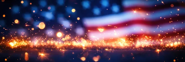 American flag glow over colorful fireworks and blurred bokeh lights in a night Independence Day scene.