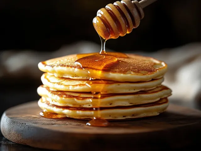Fluffy stack of golden pancakes on a wooden board with honey drizzling from a wooden dipper.