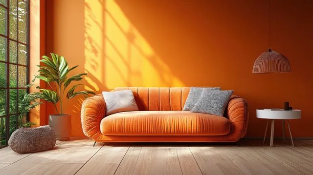 Orange sofa sits in a sunlit Scandinavian living room with a white side table, lamp, plant, and window light.