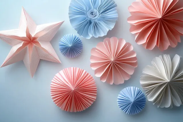 Pastel paper fans and a star decoration arranged on a light blue background.