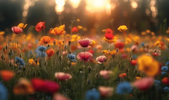 Red poppies and daisies bloom in a sunset meadow with glowing bokeh lights in the background.