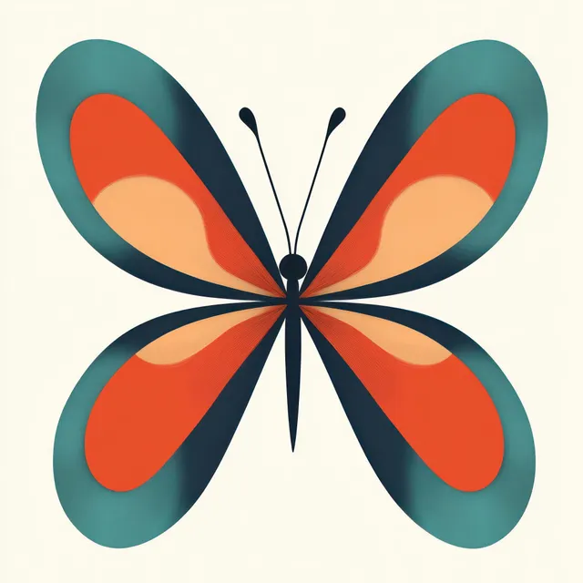 Centered stylized butterfly with symmetrical orange and teal wings on a pale cream background.