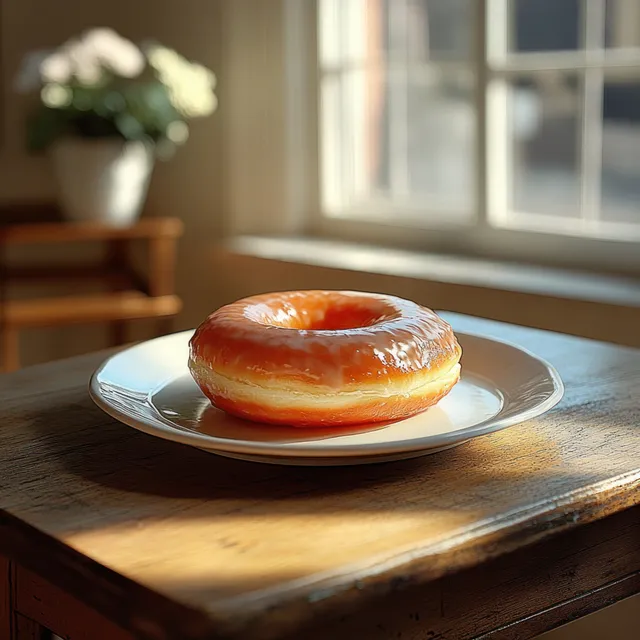 A glazed doughnut on a white plate sits on a wooden table while window light and a blurred plant fill the background.