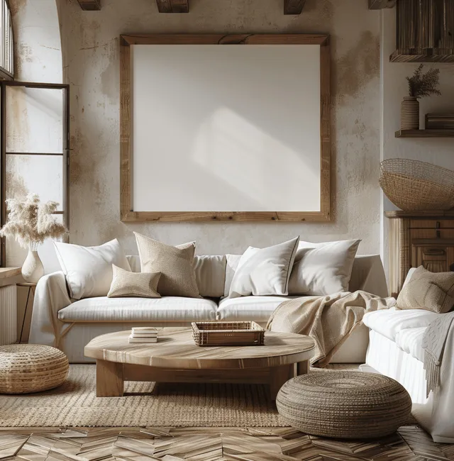 Blank wooden picture frame hangs above a beige sofa in a boho living room with a coffee table and woven cushions.