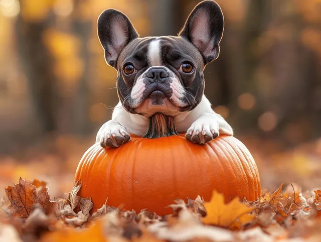 French bulldog puppy sitting atop pumpkin in autumn forest beside closed signboard