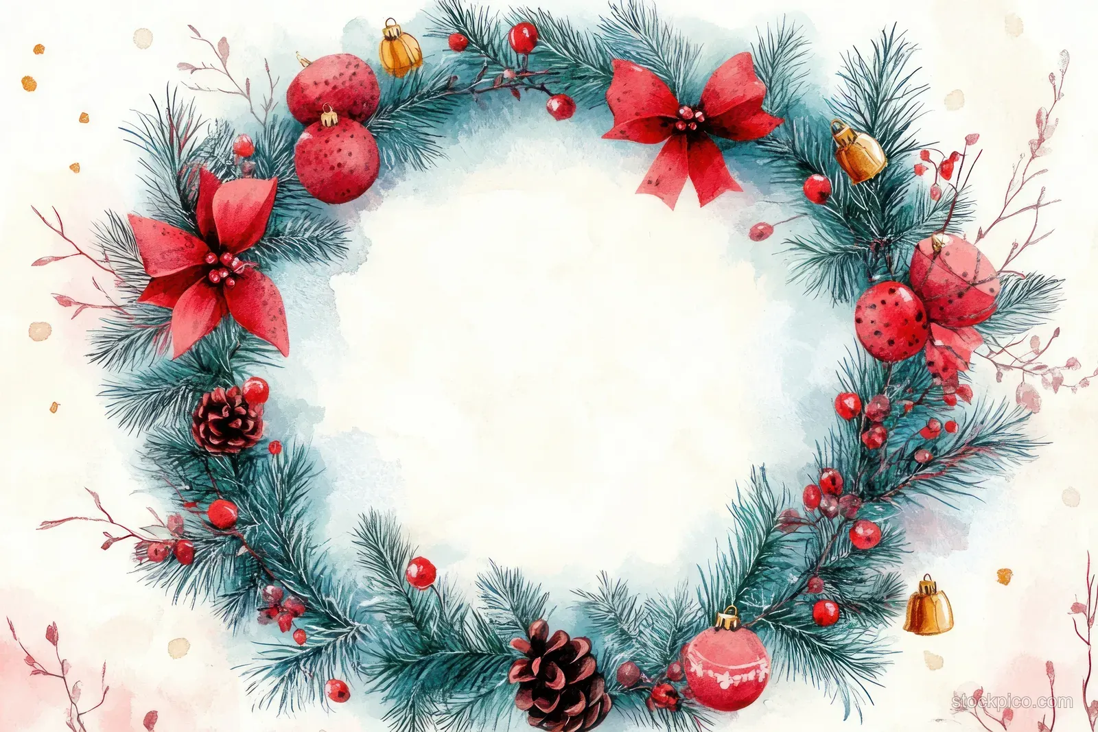 Watercolor Christmas wreath with pine branches, red berries, pinecones, bells, and ribbon bows on a cream background.